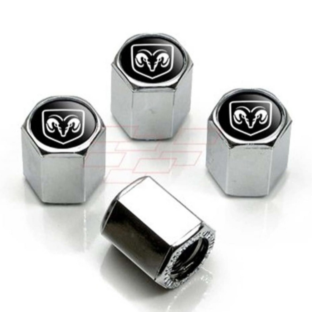 New Dodge Ram Black Logo Chrome Tire Stem Valve Caps